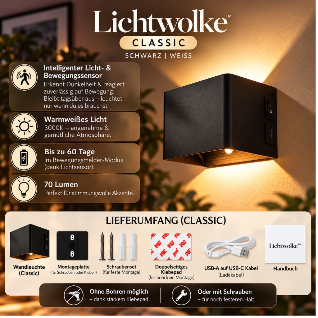 Lichtwolke™ | Luxus Wandleuchte ohne Bohren
