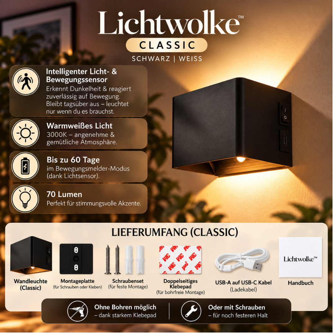 Lichtwolke™ | Luxus Wandleuchte ohne Bohren