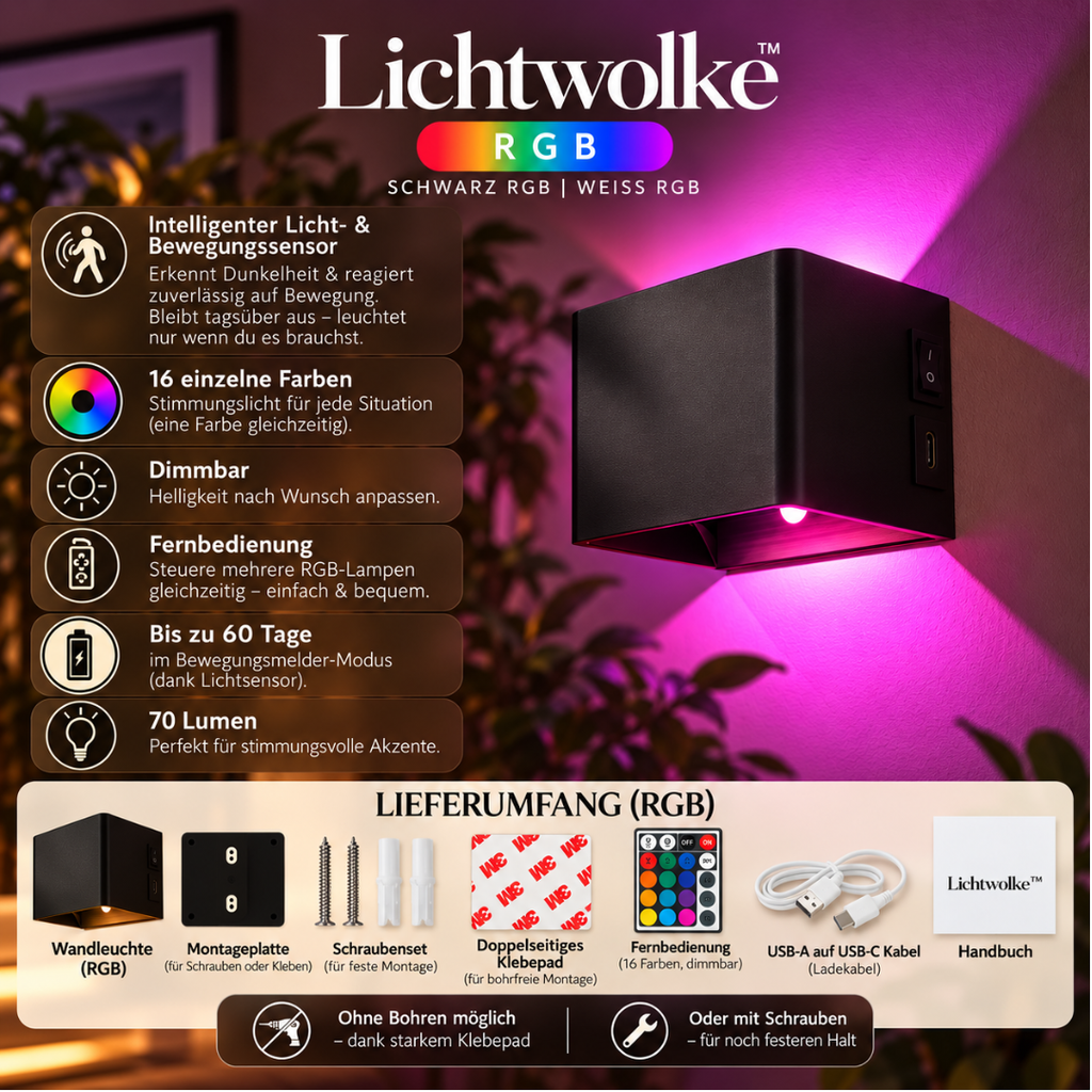 Lichtwolke™ | Luxus Wandleuchte ohne Bohren
